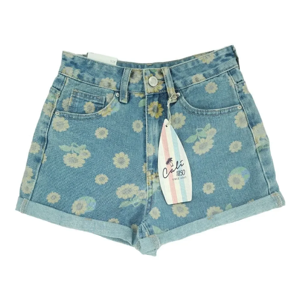 NWT Cali 1850 High Waisted Sunflower Denim Shorts Size 0